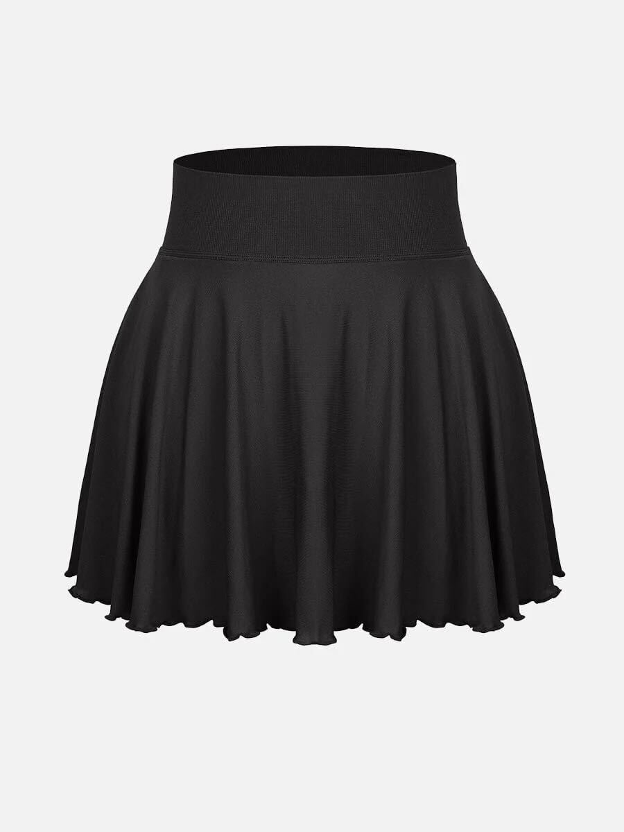 Mid-Waist A Line Skirt Flared Ruffle Hem Built in Shorts with Pockets - Black