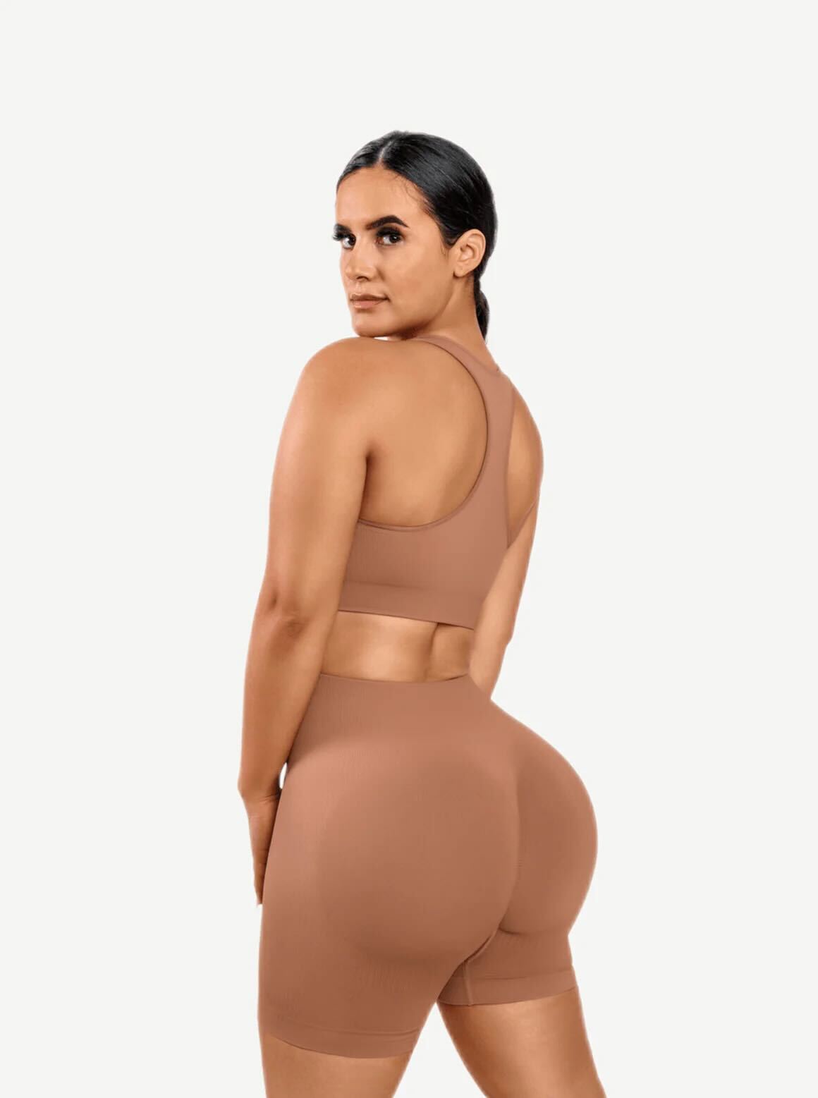 Eco-friendly Sexy V Neck Seamless Sportswear Biker Shorts Set - Brown