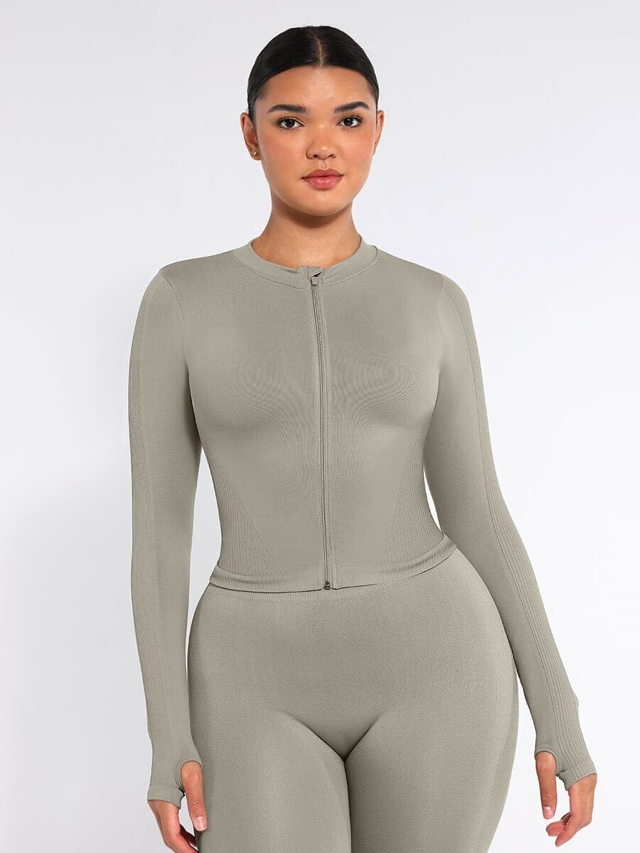 Seamless Full Zipper Running Top with Thumb Holes - Sage