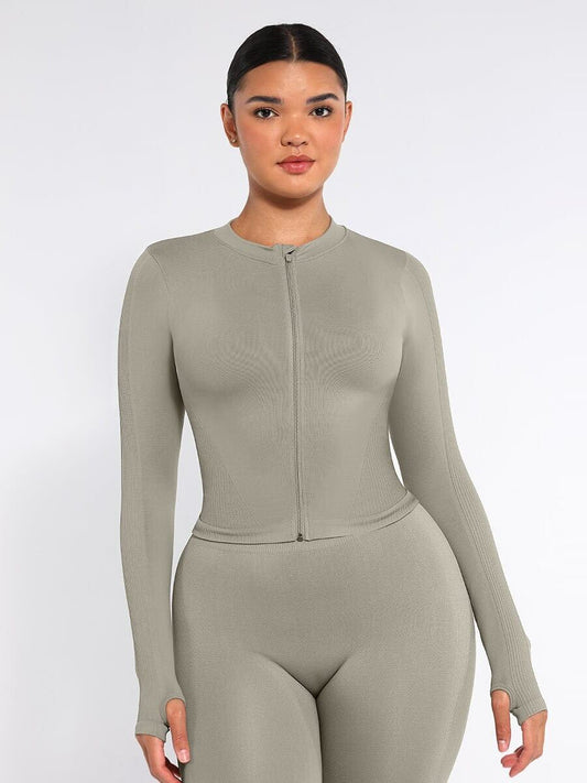 Seamless Full Zipper Running Top with Thumb Holes - Sage