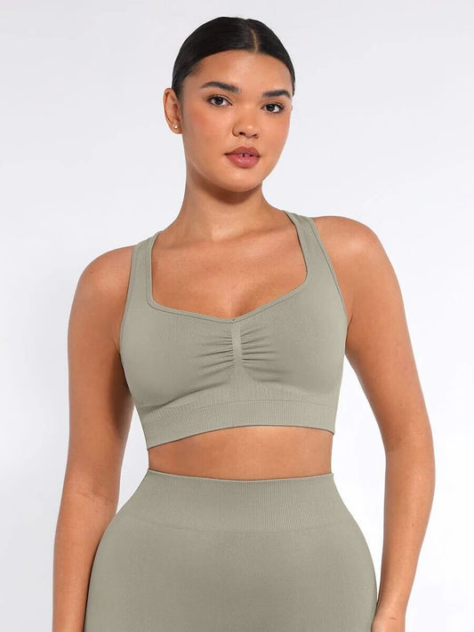 Seamless Bust Support Racerback Sports Bra with Removable Cups - Sage
