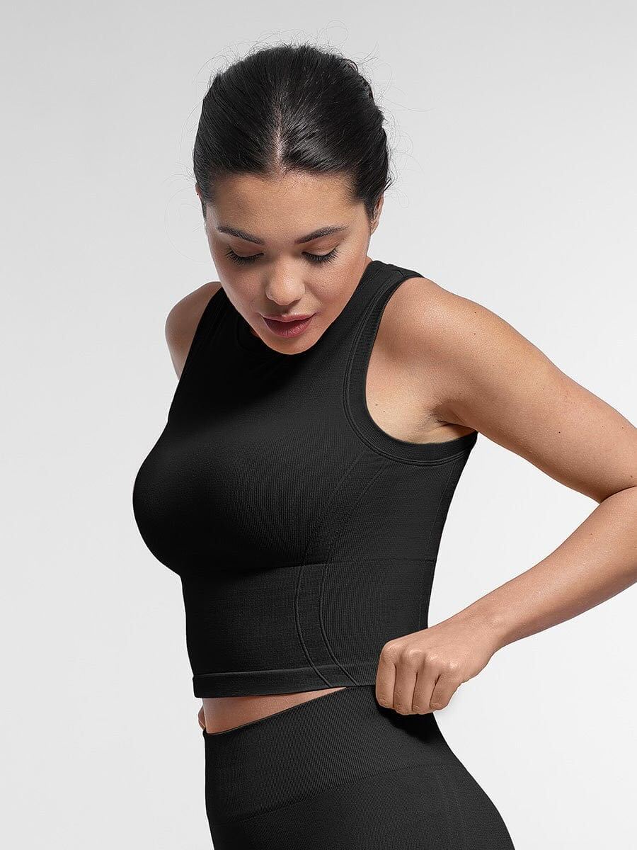 Supportive Seamless Sports Top with Built-in Bra & Removable Cups - Black
