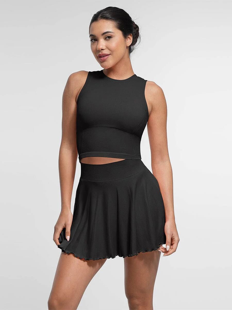 Mid-Waist A Line Skirt Flared Ruffle Hem Built in Shorts with Pockets - Black