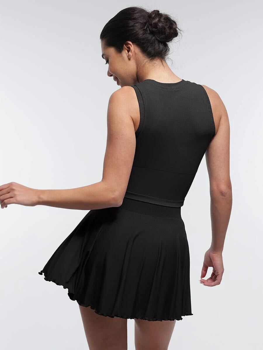 Mid-Waist A Line Skirt Flared Ruffle Hem Built in Shorts with Pockets - Black