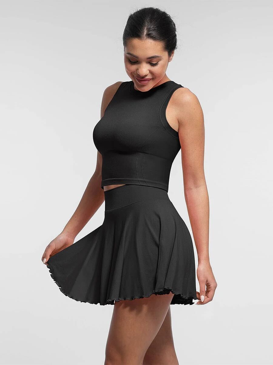 Mid-Waist A Line Skirt Flared Ruffle Hem Built in Shorts with Pockets - Black