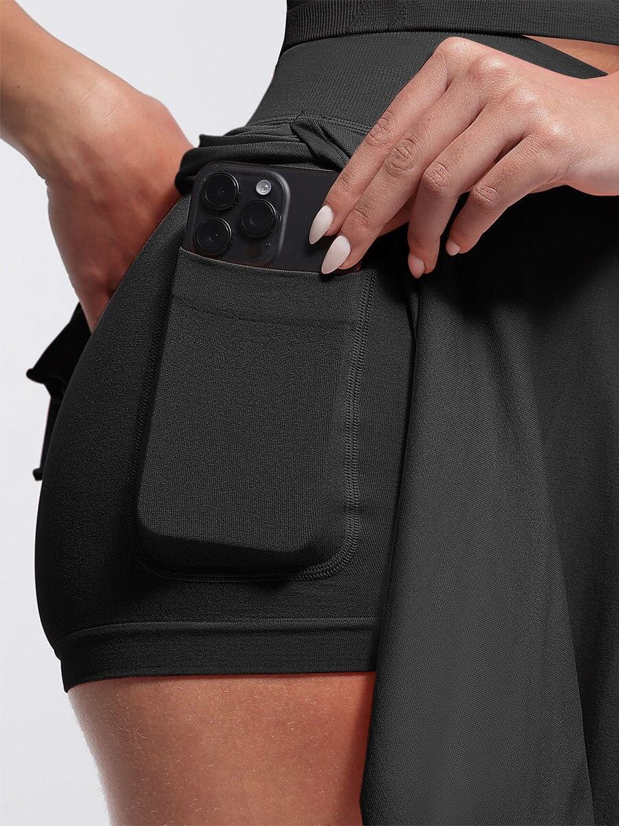 Mid-Waist A Line Skirt Flared Ruffle Hem Built in Shorts with Pockets - Black