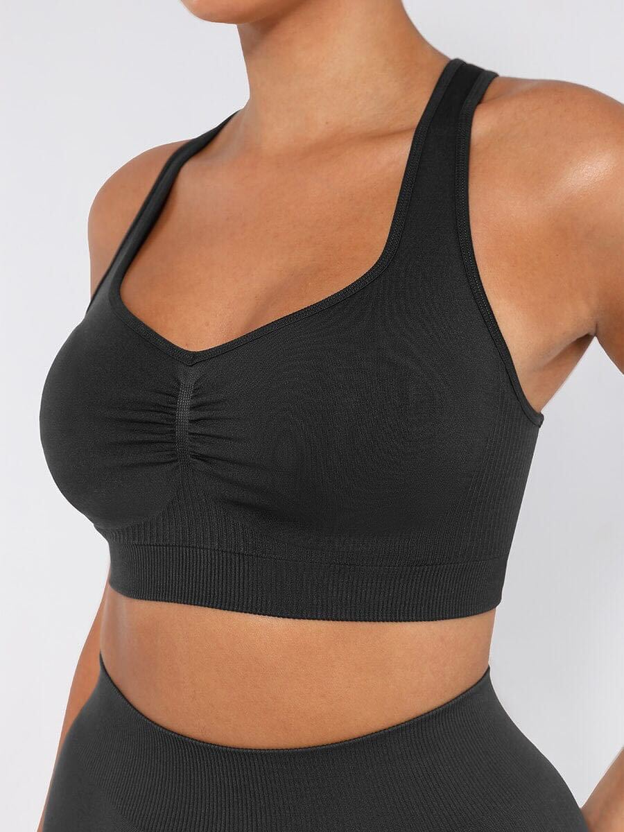 Seamless Bust Support Racerback Sports Bra with Removable Cups - Black