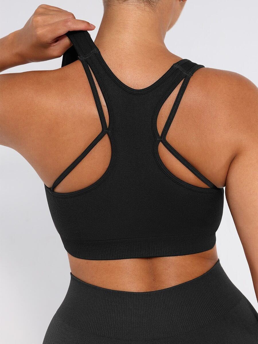 Seamless Bust Support Racerback Sports Bra with Removable Cups - Black