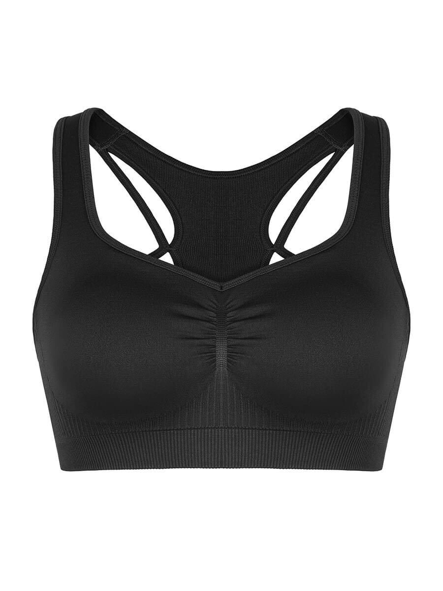 Seamless Bust Support Racerback Sports Bra with Removable Cups - Black