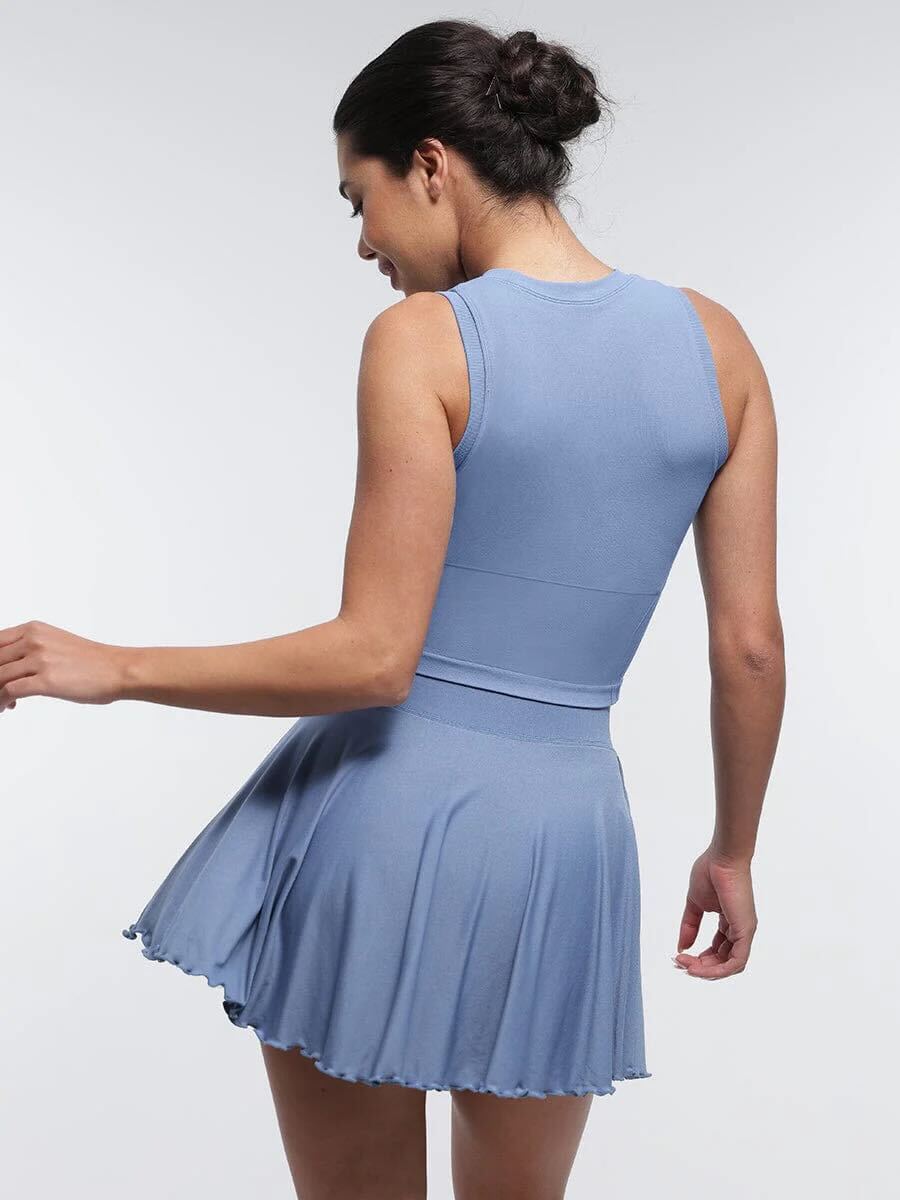 Mid-Waist A Line Skirt Flared Ruffle Hem Built in Shorts with Pockets - Dusty Blue