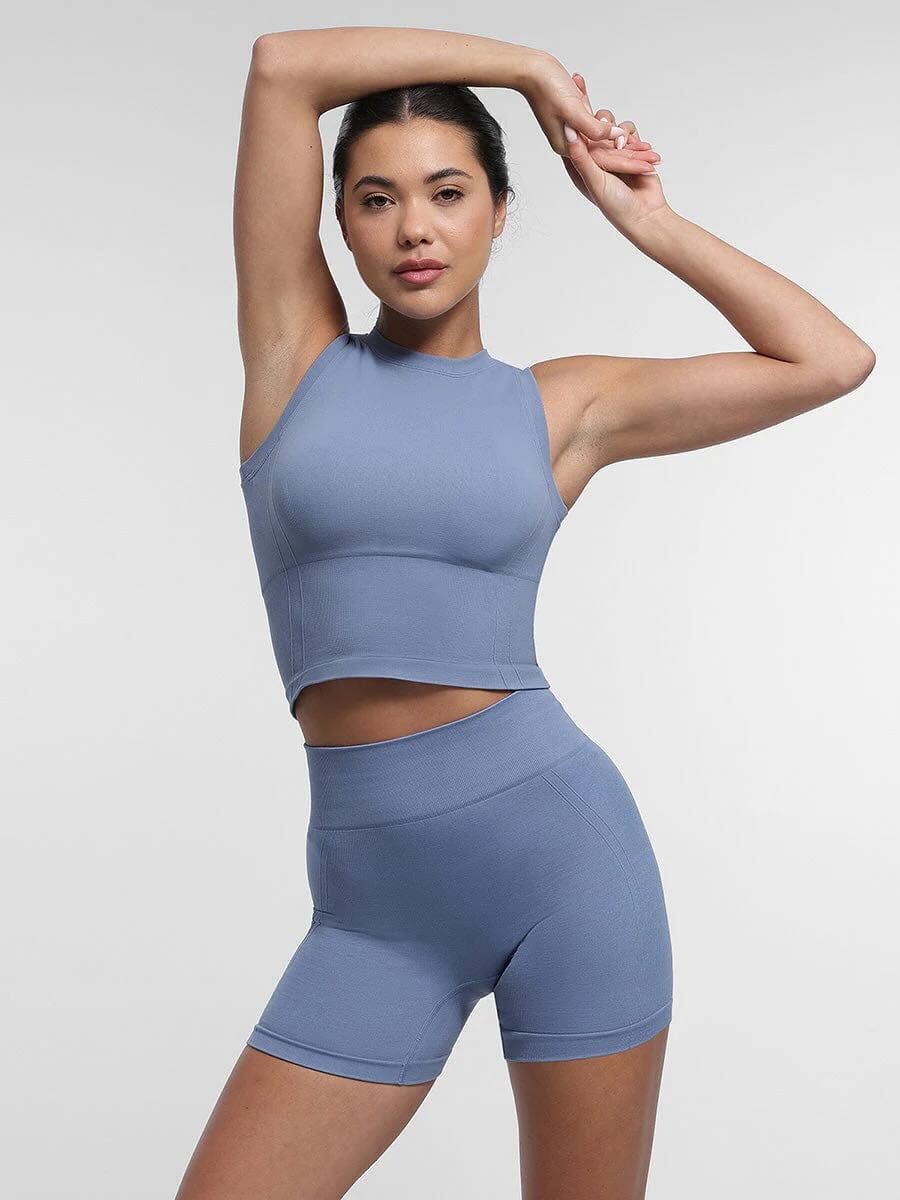 Seamless High-Waisted Peach Buttocks Shaping Yoga Shorts - Dusty Blue