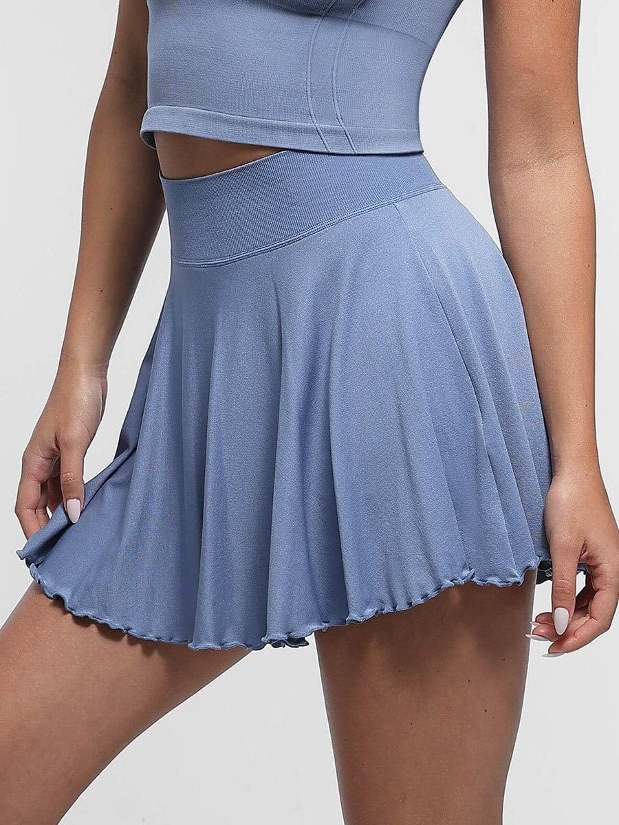 Mid-Waist A Line Skirt Flared Ruffle Hem Built in Shorts with Pockets - Dusty Blue