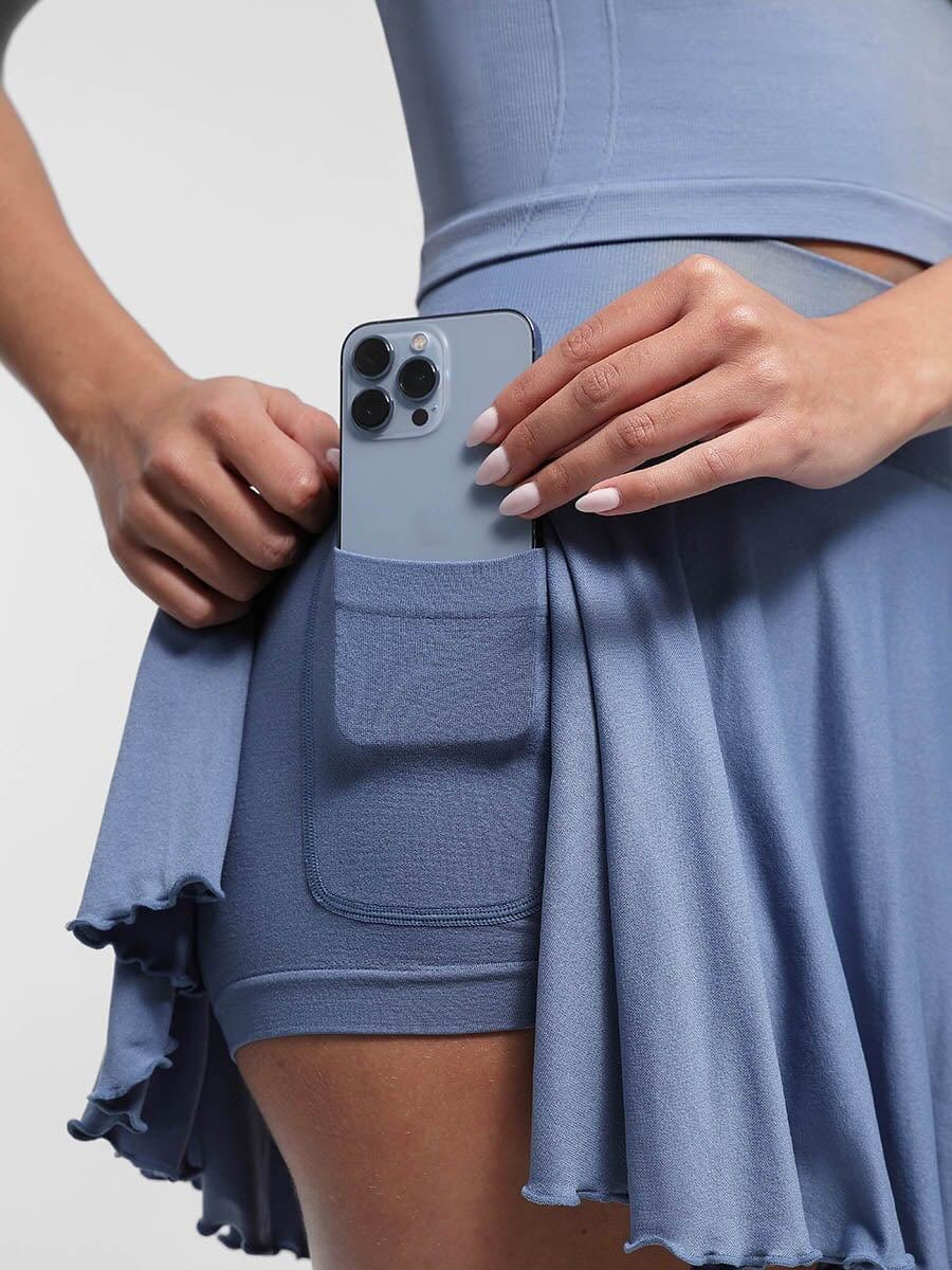 Mid-Waist A Line Skirt Flared Ruffle Hem Built in Shorts with Pockets - Dusty Blue