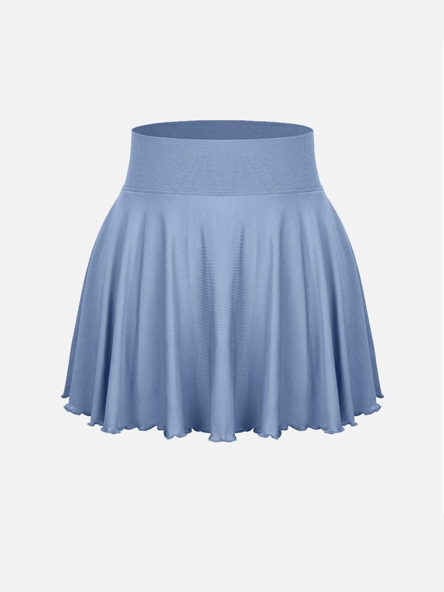 Mid-Waist A Line Skirt Flared Ruffle Hem Built in Shorts with Pockets - Dusty Blue