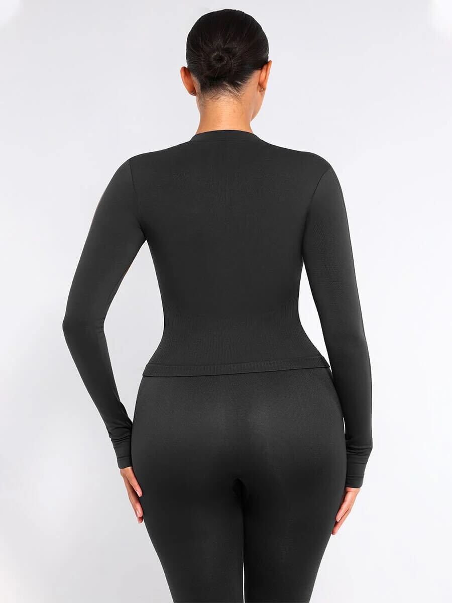 Seamless Full Zipper Running Top with Thumb Holes - Black