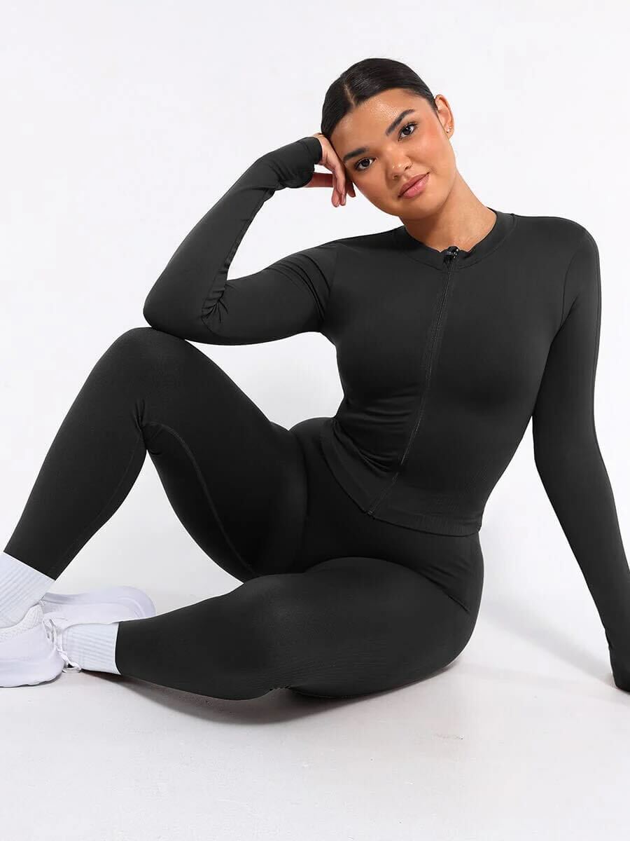 Seamless Full Zipper Running Top with Thumb Holes - Black