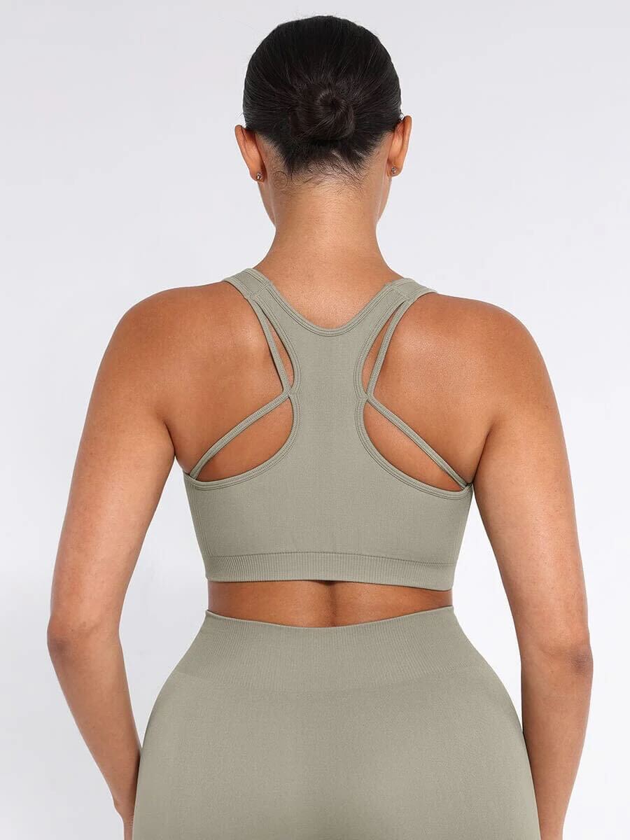 Seamless Bust Support Racerback Sports Bra with Removable Cups - Sage