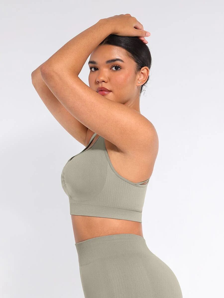 Seamless Bust Support Racerback Sports Bra with Removable Cups - Sage