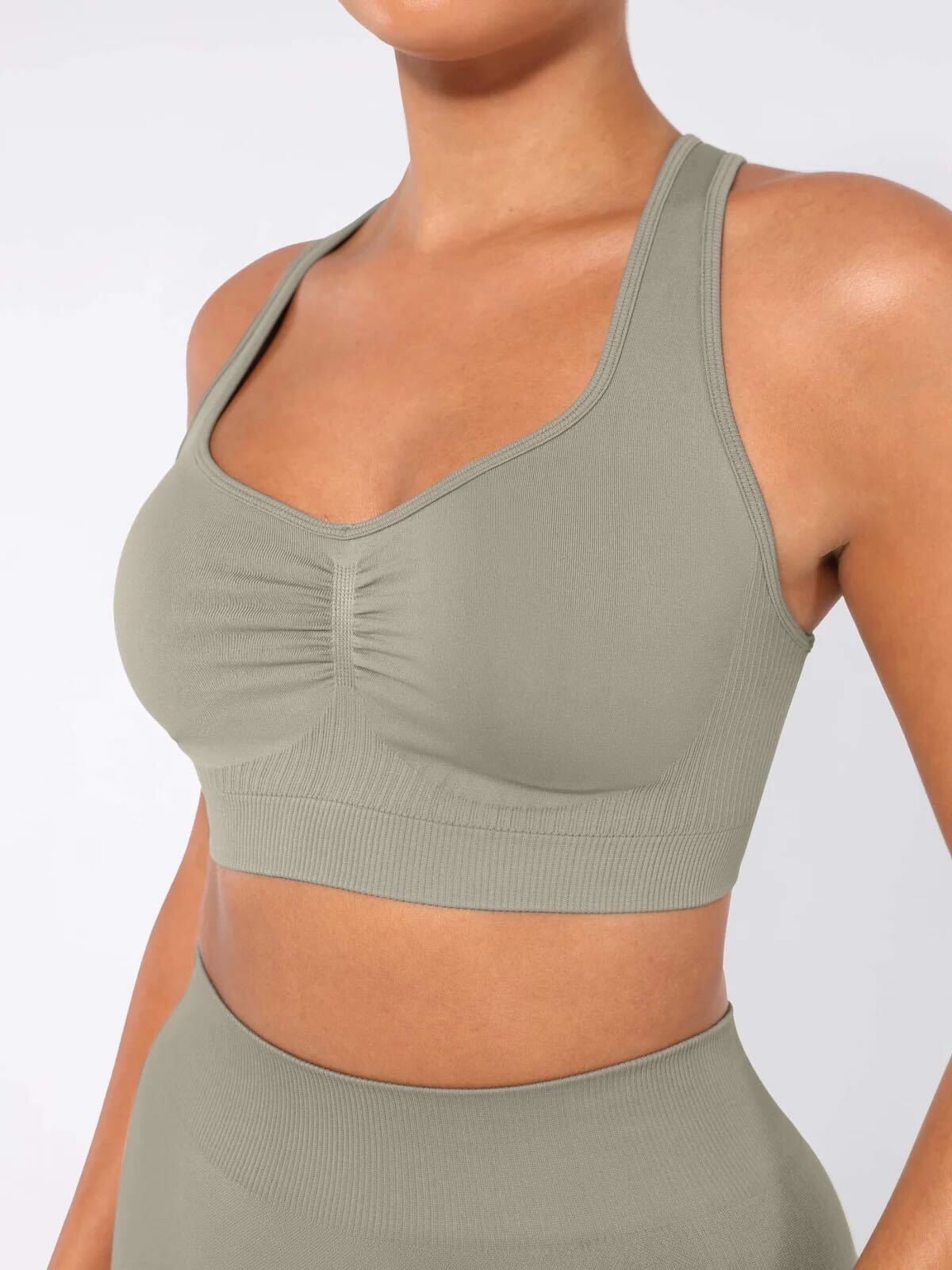 Seamless Bust Support Racerback Sports Bra with Removable Cups - Sage