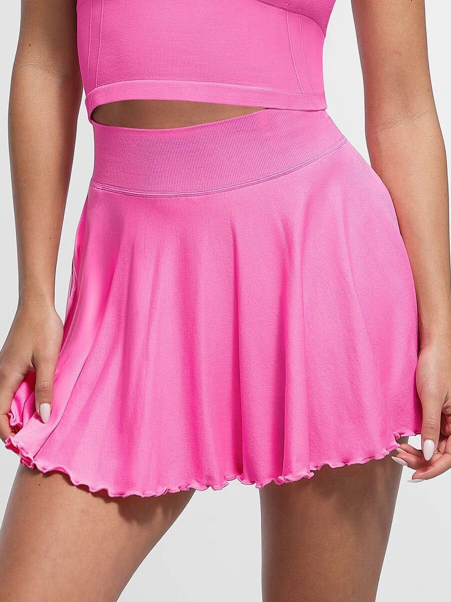 Mid-Waist A Line Skirt Flared Ruffle Hem Built in Shorts with Pockets - Rose Pink