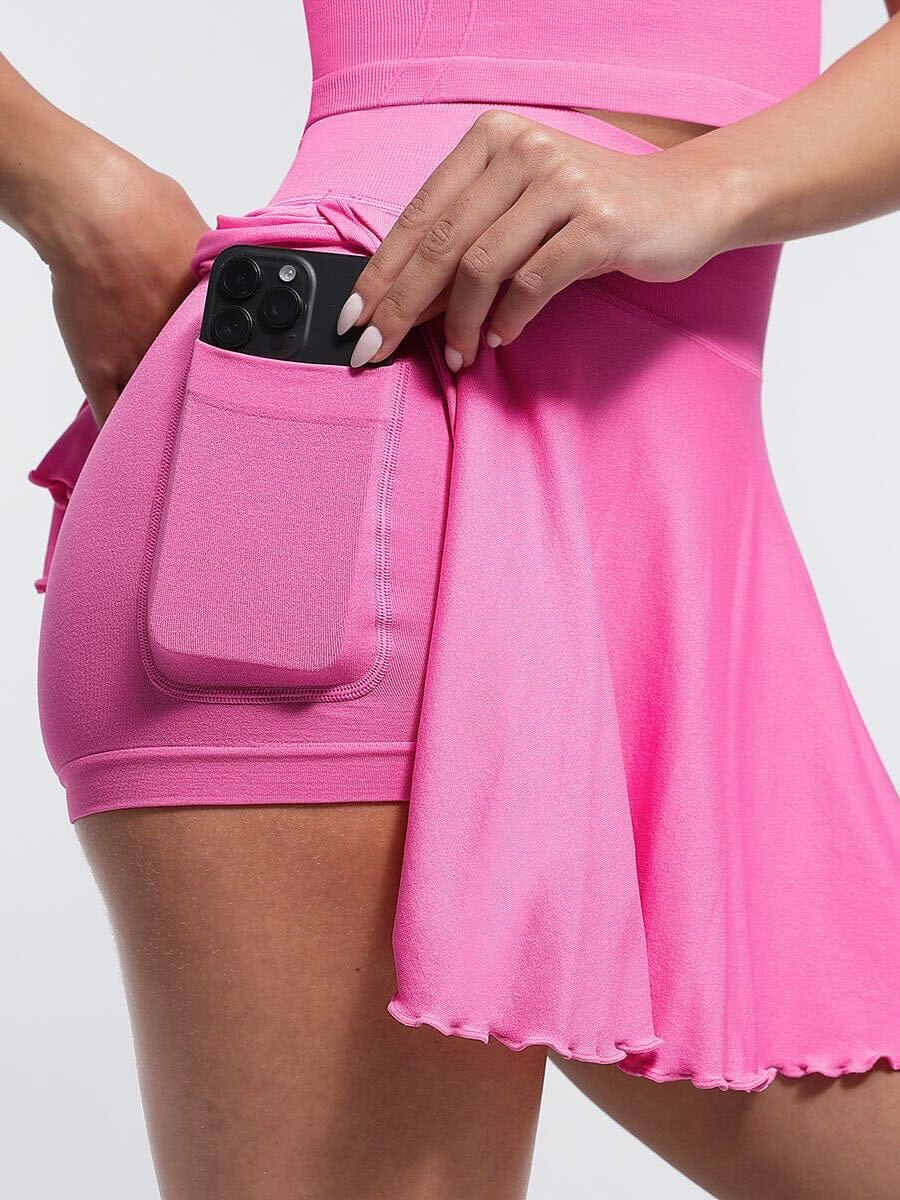 Mid-Waist A Line Skirt Flared Ruffle Hem Built in Shorts with Pockets - Rose Pink