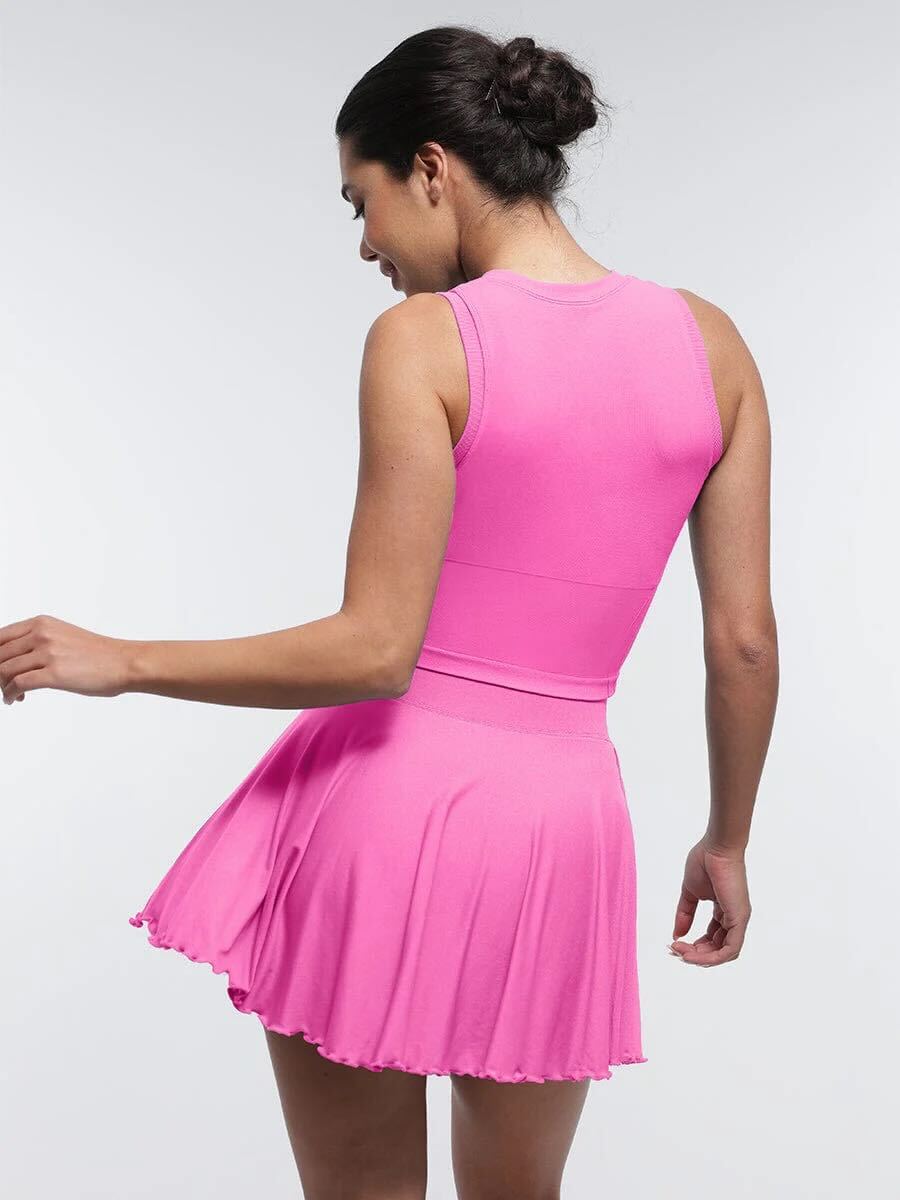 Mid-Waist A Line Skirt Flared Ruffle Hem Built in Shorts with Pockets - Rose Pink