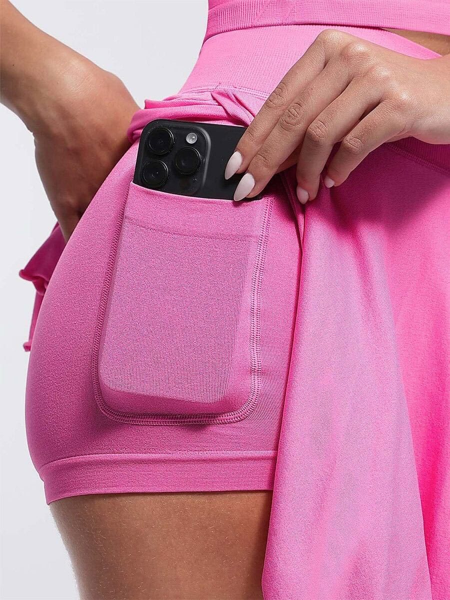 Mid-Waist A Line Skirt Flared Ruffle Hem Built in Shorts with Pockets - Rose Pink