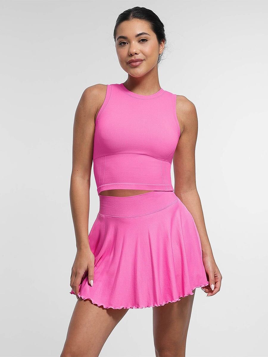 Mid-Waist A Line Skirt Flared Ruffle Hem Built in Shorts with Pockets - Rose Pink
