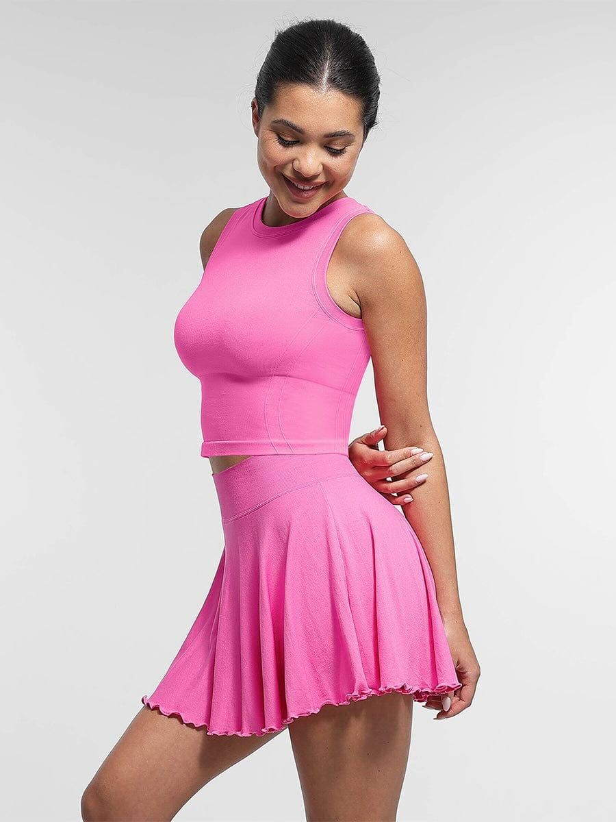 Mid-Waist A Line Skirt Flared Ruffle Hem Built in Shorts with Pockets - Rose Pink