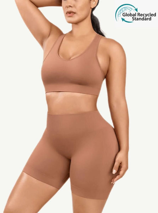 Eco-friendly Sexy V Neck Seamless Sportswear Biker Shorts Set - Brown