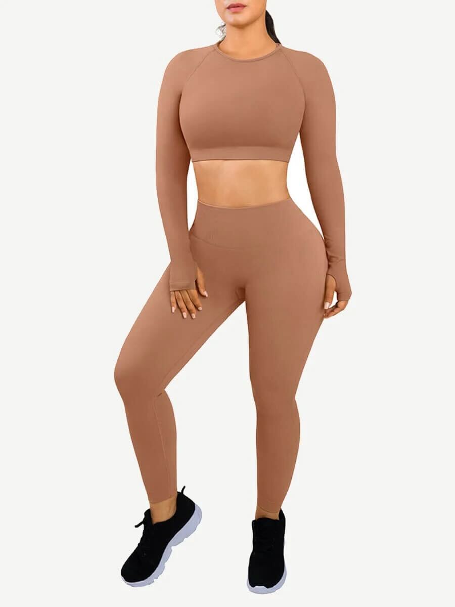 Eco-friendly 3D Printing Thumbhole Seamless Sportswear - Brown