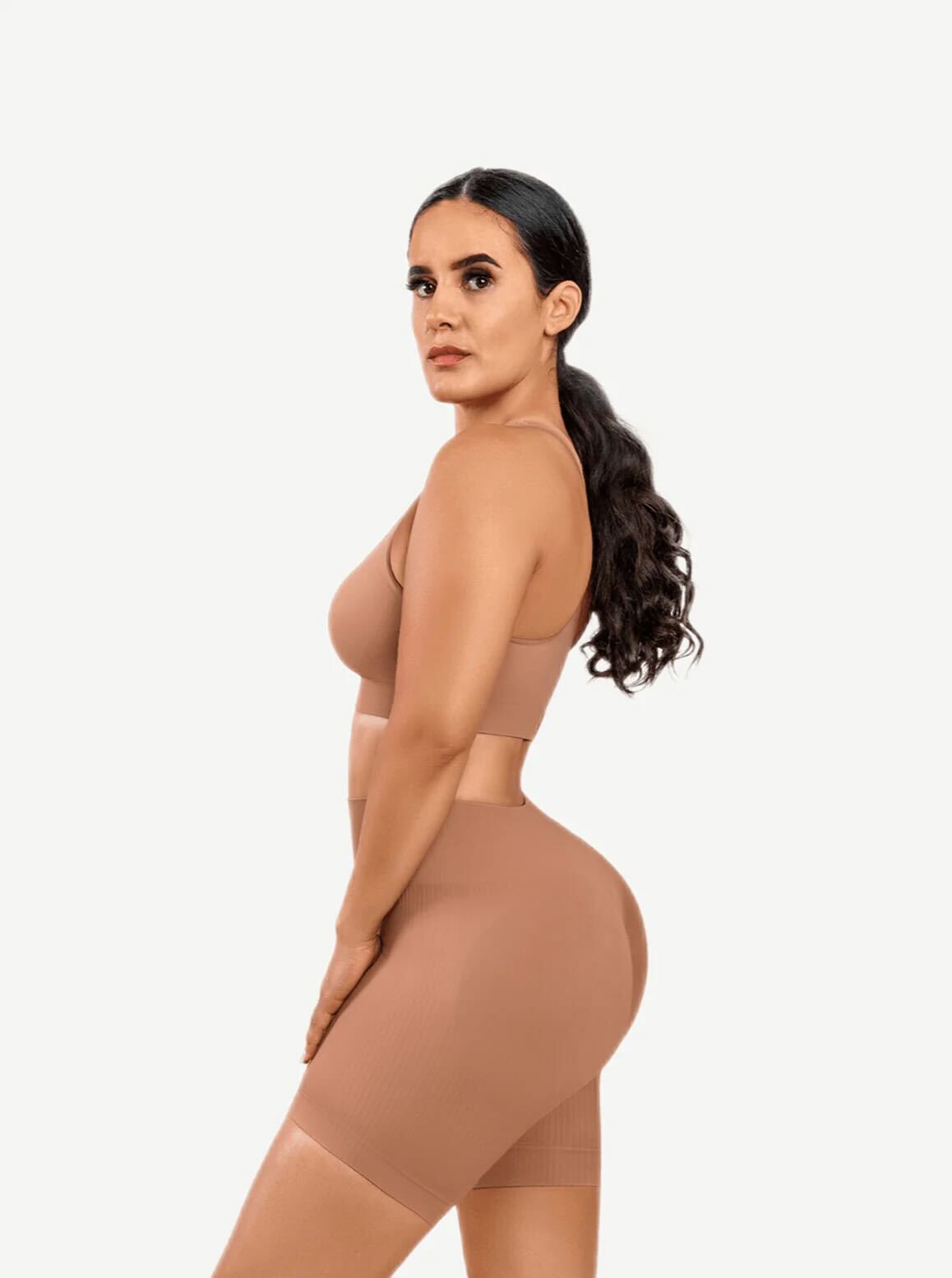 Eco-friendly Sexy V Neck Seamless Sportswear Biker Shorts Set - Brown